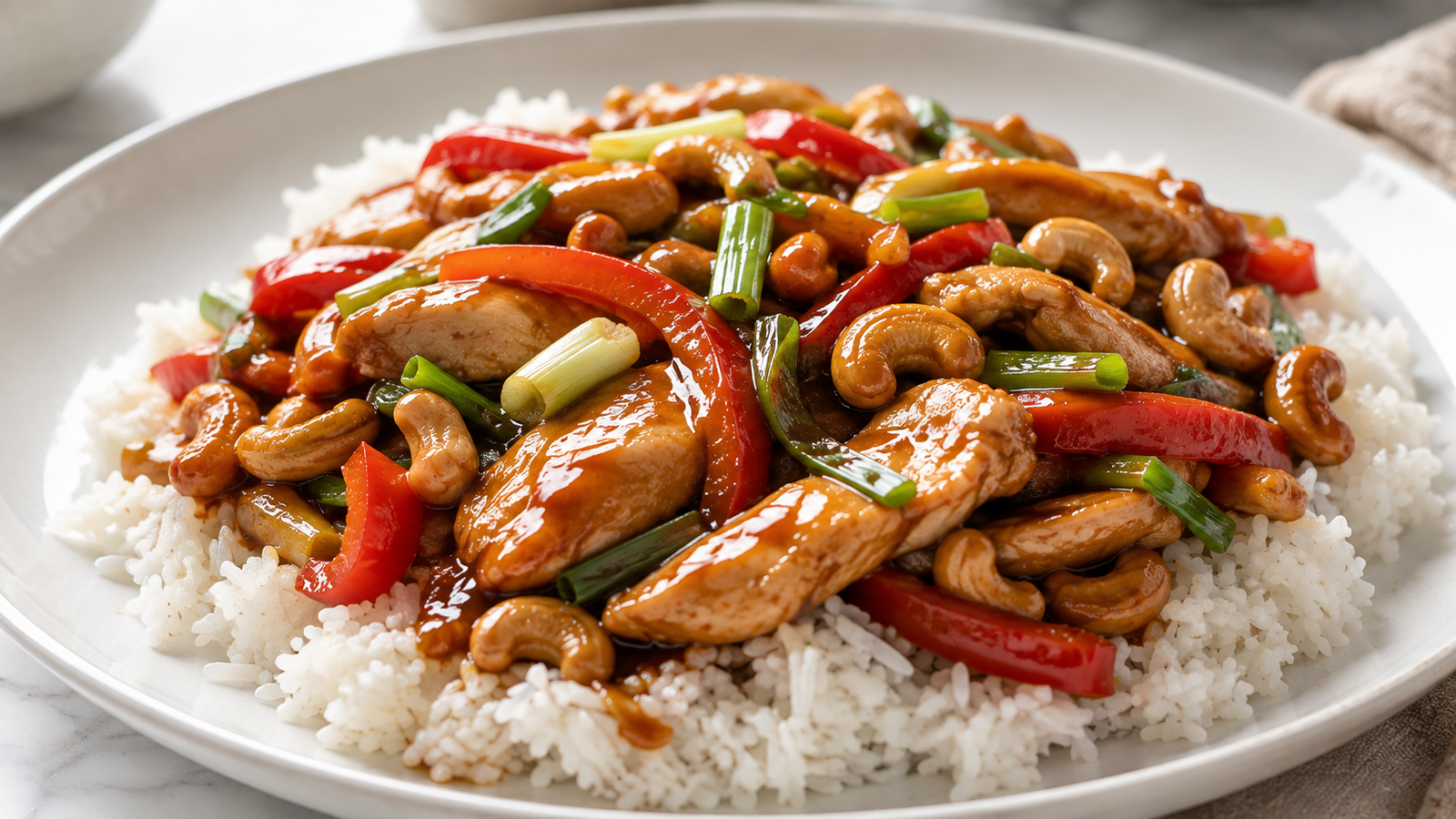 Mary Berry Chicken and Cashew Nuts with tender chicken strips, glossy hoisin sauce, roasted cashews, red pepper and spring onions