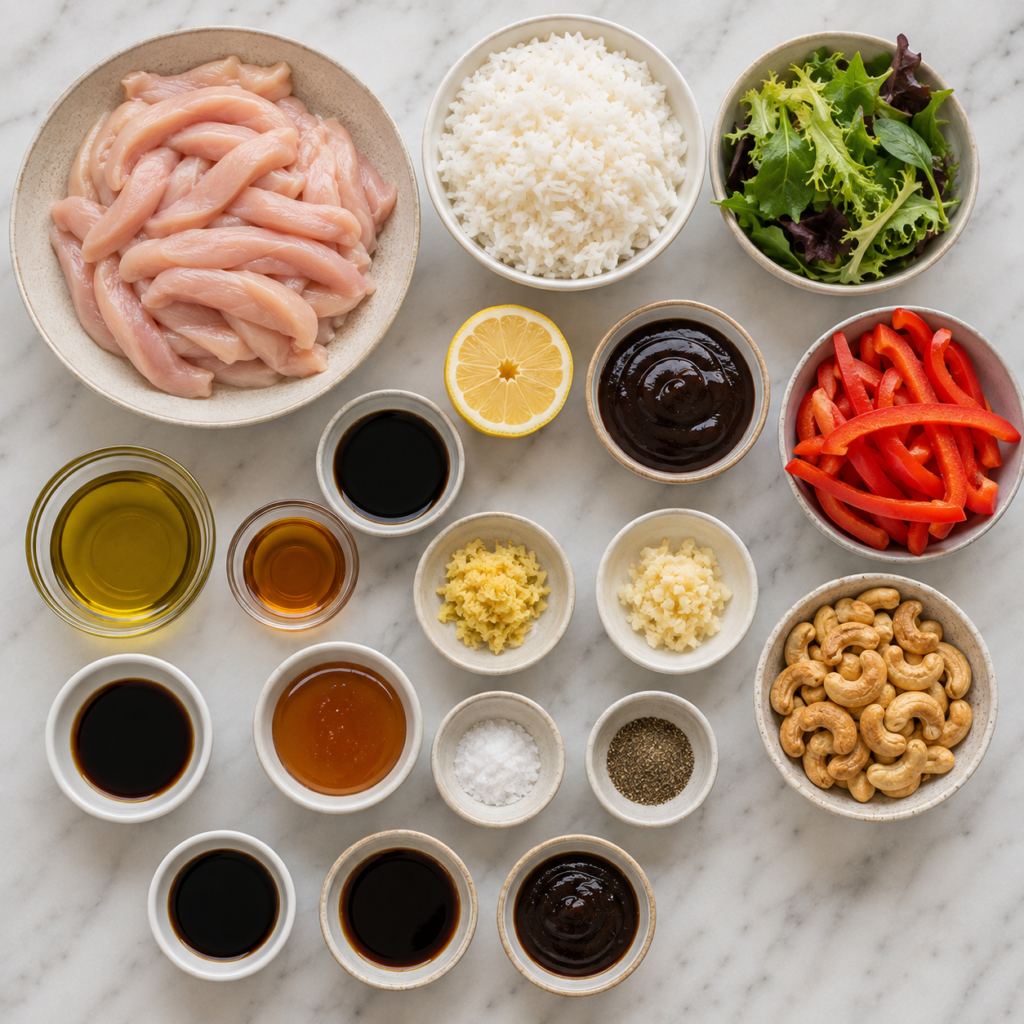 Ingredients for Mary Berry Chicken and Cashew Nuts with chicken breast, hoisin sauce, soy sauce, cashews, ginger, garlic and fresh vegetables