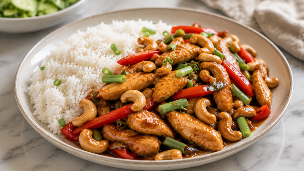 Mary Berry Chicken and Cashew Nuts served with steamed jasmine rice, red pepper, spring onions and roasted cashews
