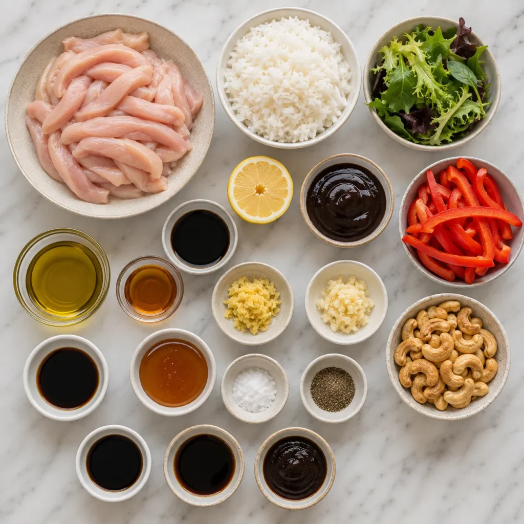 Ingredients for Mary Berry Chicken Cacciatore arranged in bowls, including chicken, peppers, mushrooms, tomatoes, herbs, olives, capers, and red wine