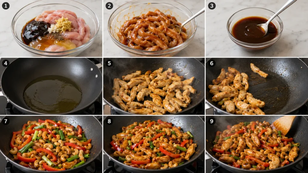 Step-by-step cooking process for Mary Berry Chicken Cacciatore, from browning chicken and sautéing vegetables to simmering and baking