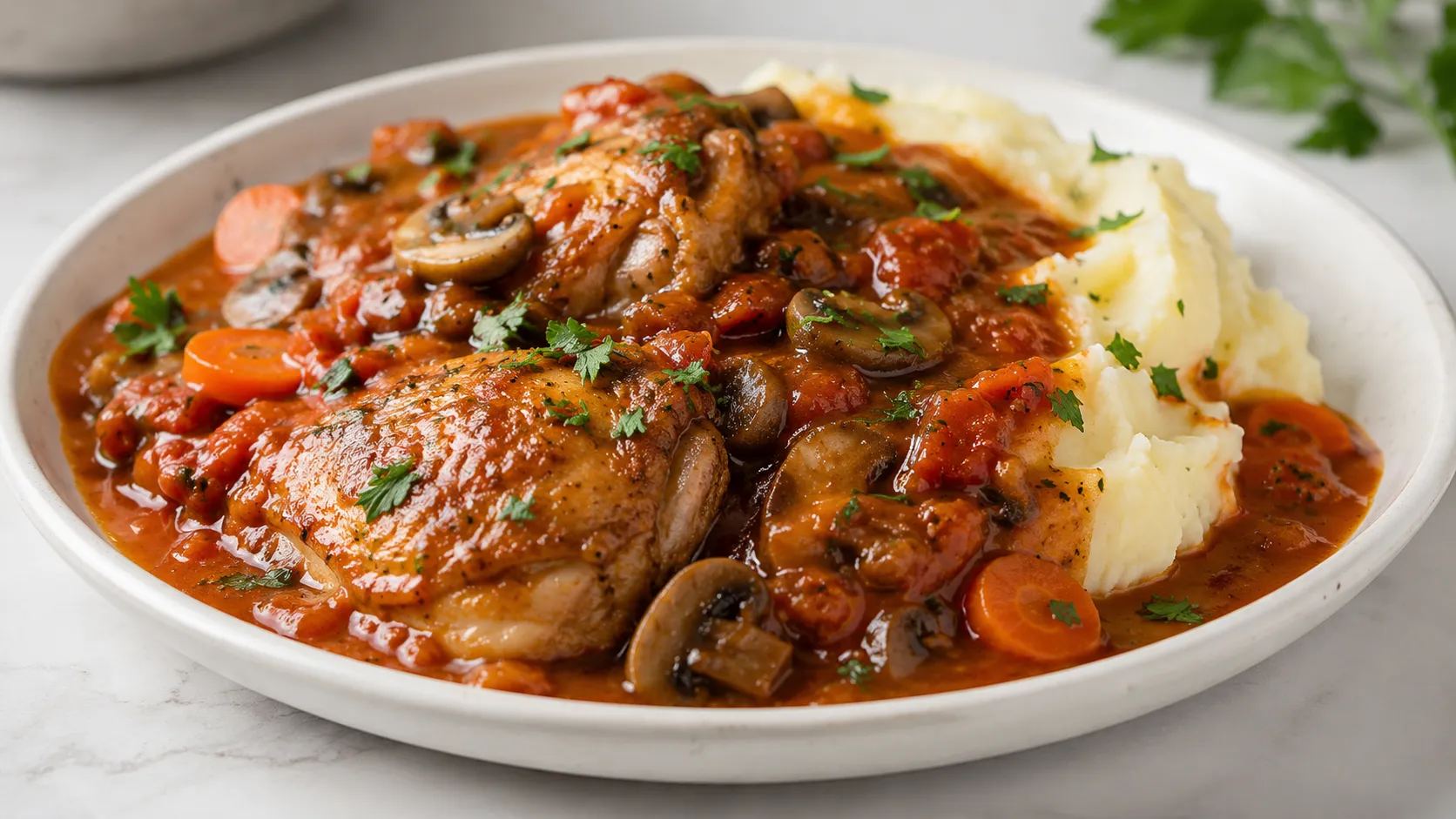 Mary Berry Chicken Chasseur Recipe with tender chicken and rich tomato mushroom sauce