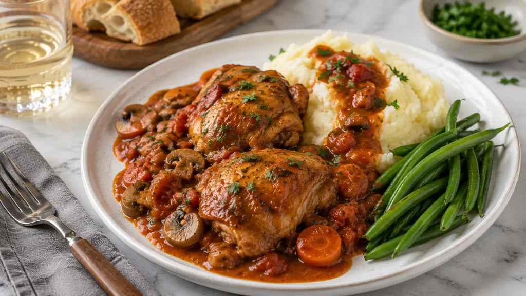 Mary Berry Chicken Chasseur Recipe served hot with creamy mash and sauce