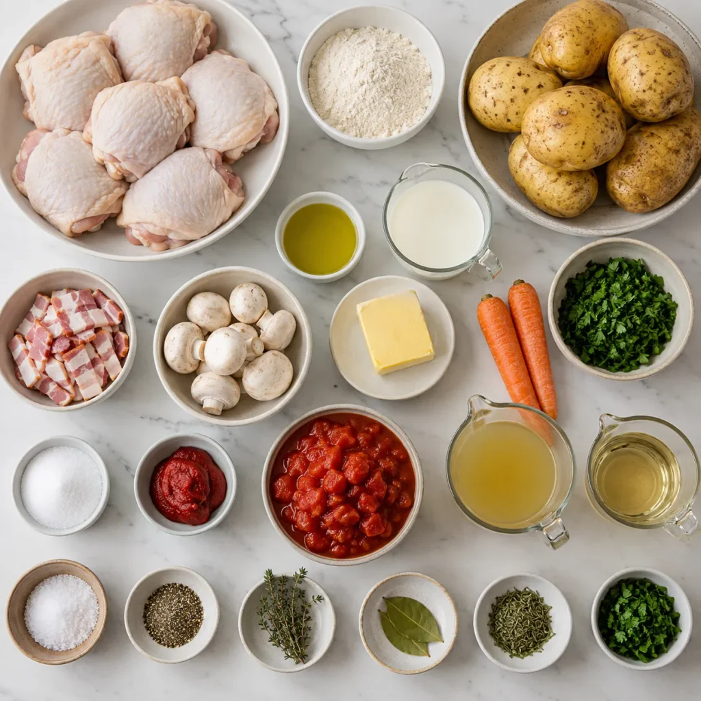 Ingredients for Mary Berry Chicken Chasseur Recipe arranged for preparation