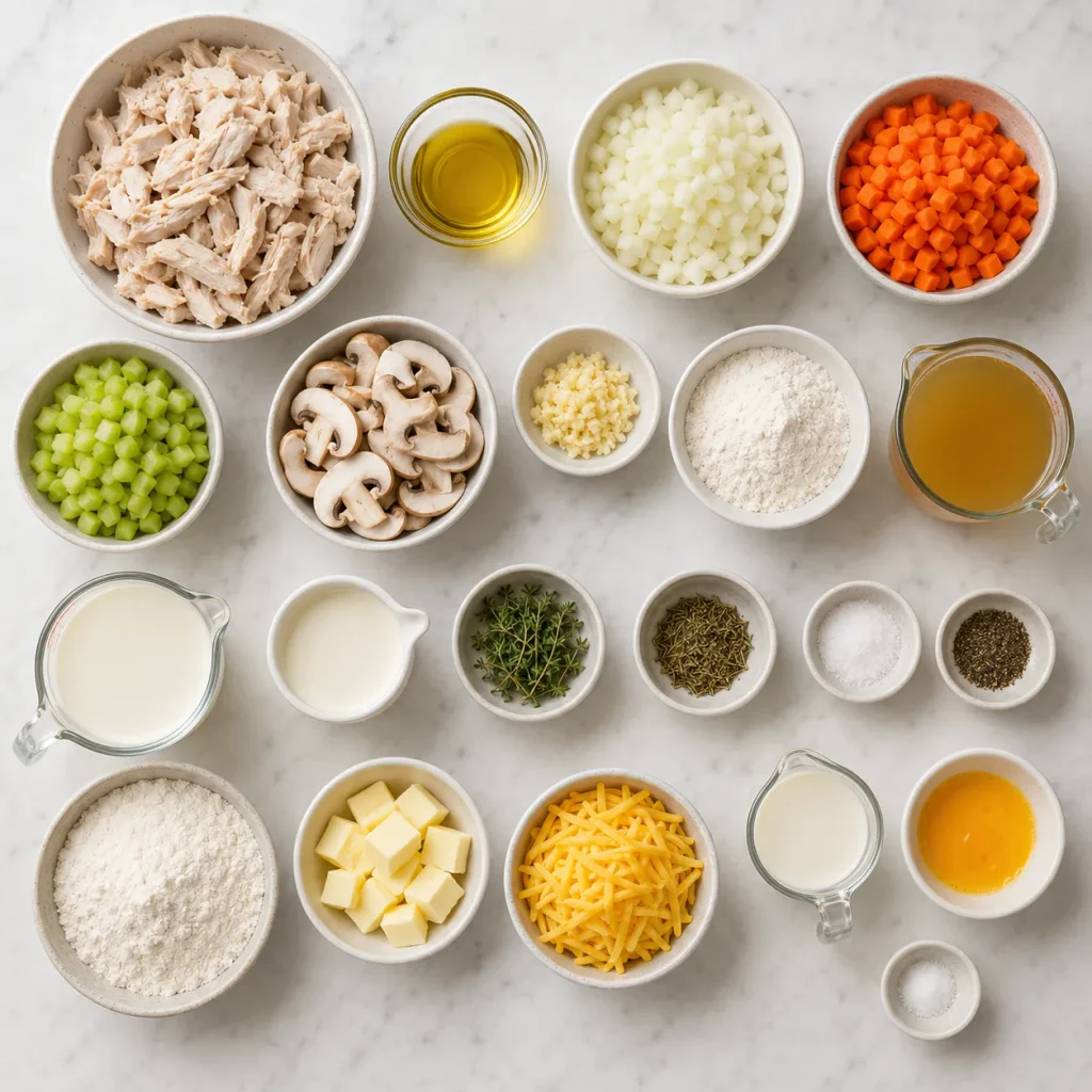 Ingredients for Mary Berry Chicken Cobbler arranged in a flat lay