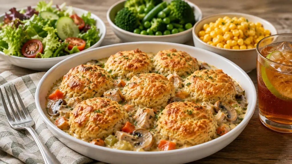 Mary Berry Chicken Cobbler served with green salad, steamed vegetables, sweetcorn, herbs, and iced tea
