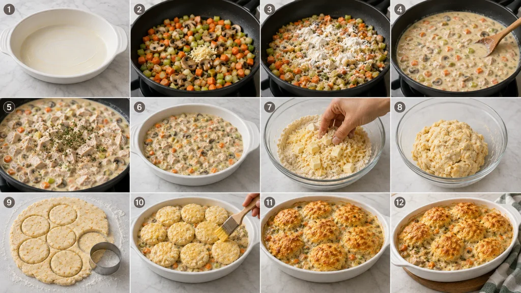 Step-by-step cooking process for Mary Berry Chicken Cobbler from filling to golden baked topping