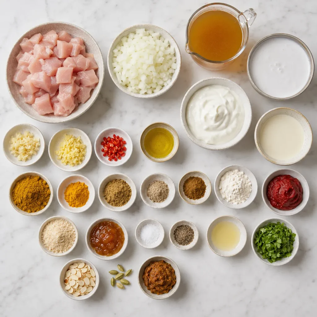 Ingredients for Mary Berry Chicken Curry with Coconut Milk arranged in a flat-lay, including chicken, coconut milk, spices, herbs, yogurt, cream, and almonds