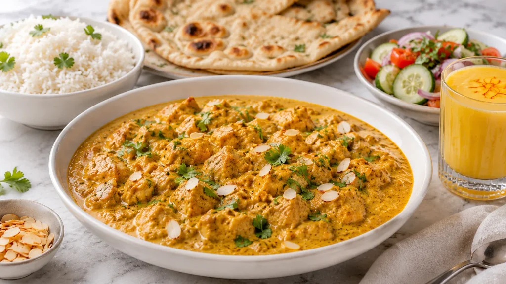 Mary Berry Chicken Curry with Coconut Milk served with basmati rice, naan, cucumber and tomato salad, and mango lassi