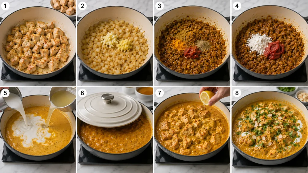 Step-by-step cooking process for Mary Berry Chicken Curry with Coconut Milk, from browning chicken and sautéing spices to simmering and garnishing
