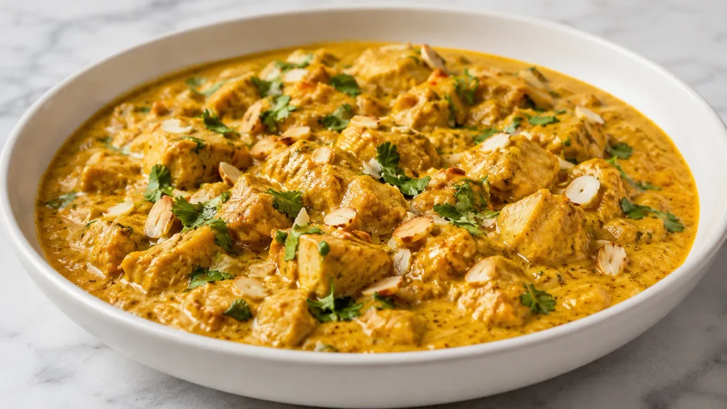 Creamy Mary Berry Chicken Curry with Coconut Milk topped with fresh coriander and toasted flaked almonds