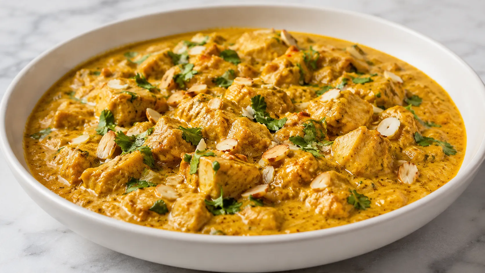 Creamy Mary Berry Chicken Curry with Coconut Milk topped with fresh coriander and toasted flaked almonds