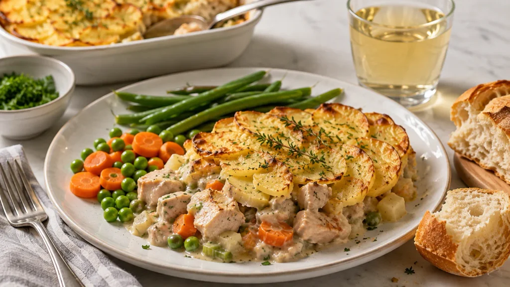 Chicken hotpot with golden potato topping garnished with parsley and thyme