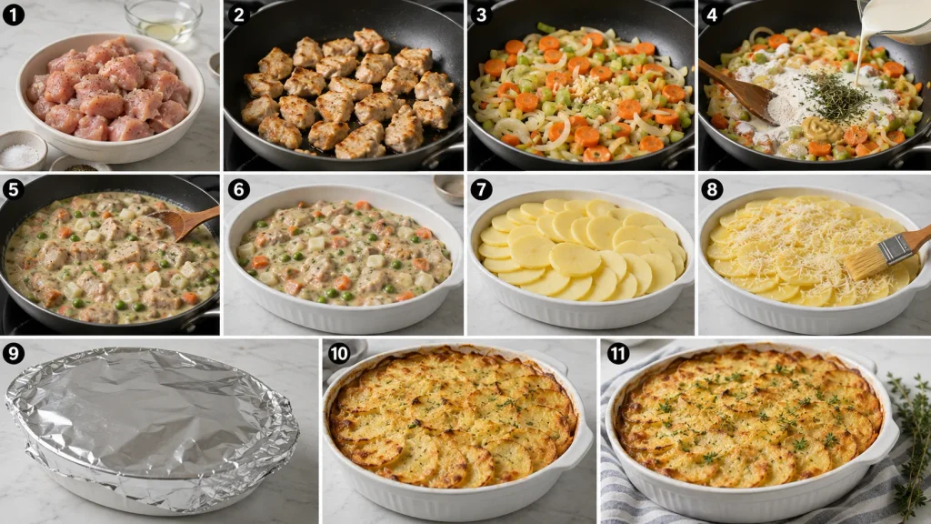 Step-by-step preparation of chicken hotpot with potato topping