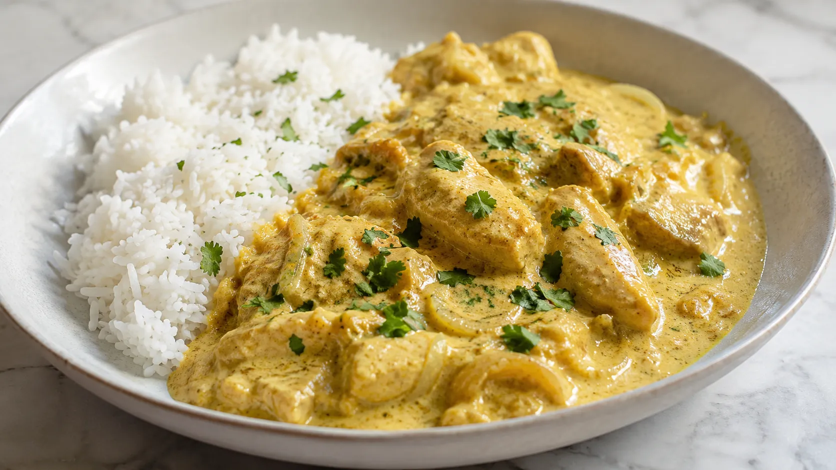 Mary Berry Chicken Korma with creamy sauce and chopped coriander