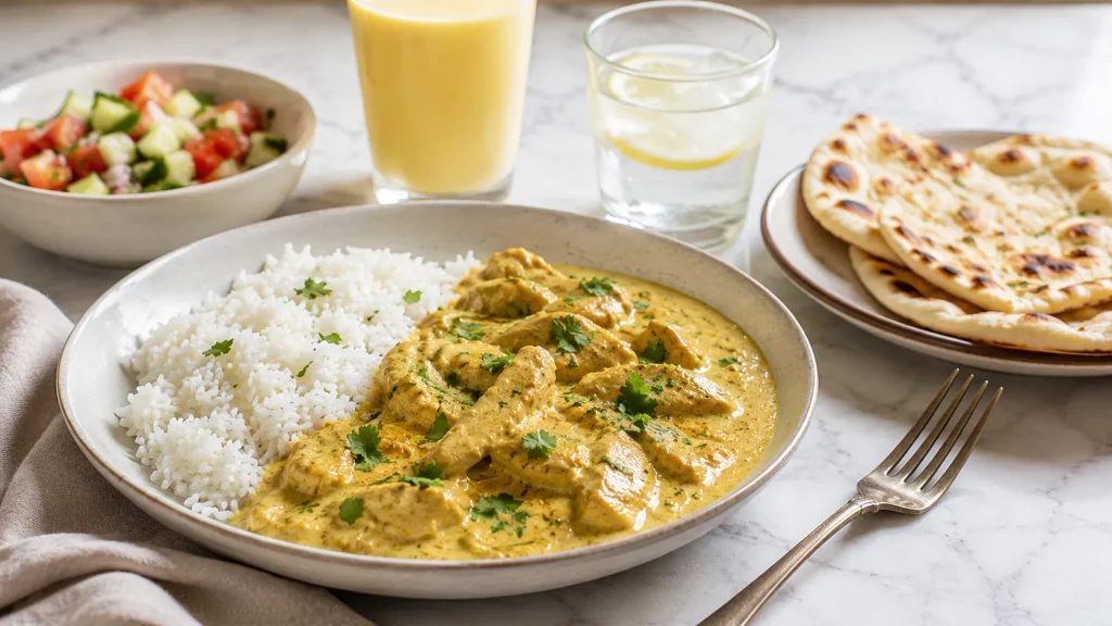 Mary Berry Chicken Korma served with rice and coriander