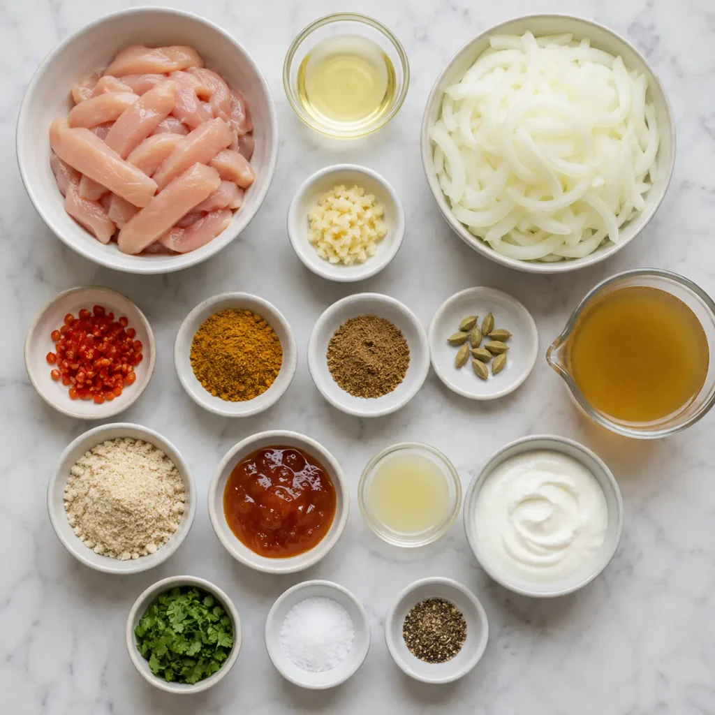 Ingredients for Mary Berry Chicken Korma arranged for cooking