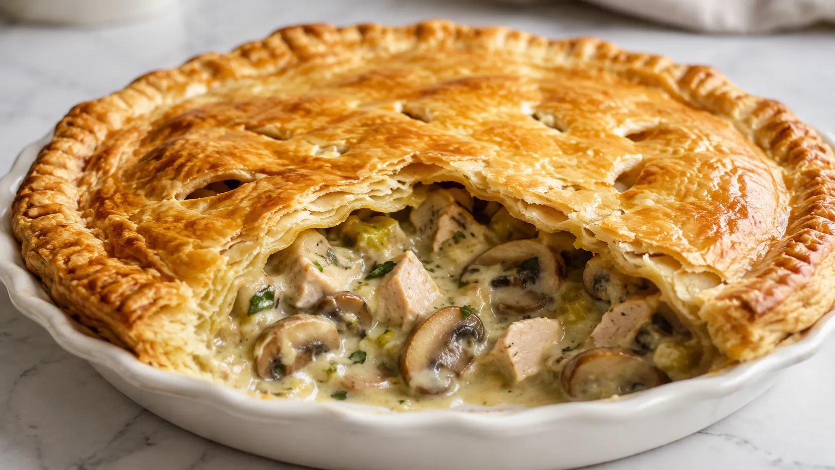Mary Berry Chicken Leek and Mushroom Pie with golden flaky puff pastry, creamy chicken, leek and mushroom filling