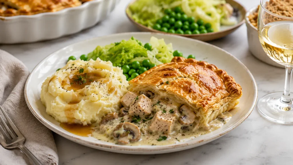 Mary Berry Chicken and Leek Pie served with fresh vegetables