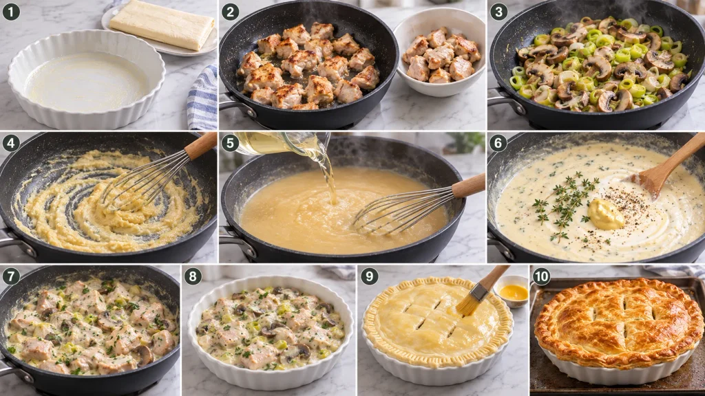 Step-by-step cooking process for Mary Berry Chicken Leek and Mushroom Pie, from browning chicken and sautéing vegetables to making the creamy filling and baking the pastry