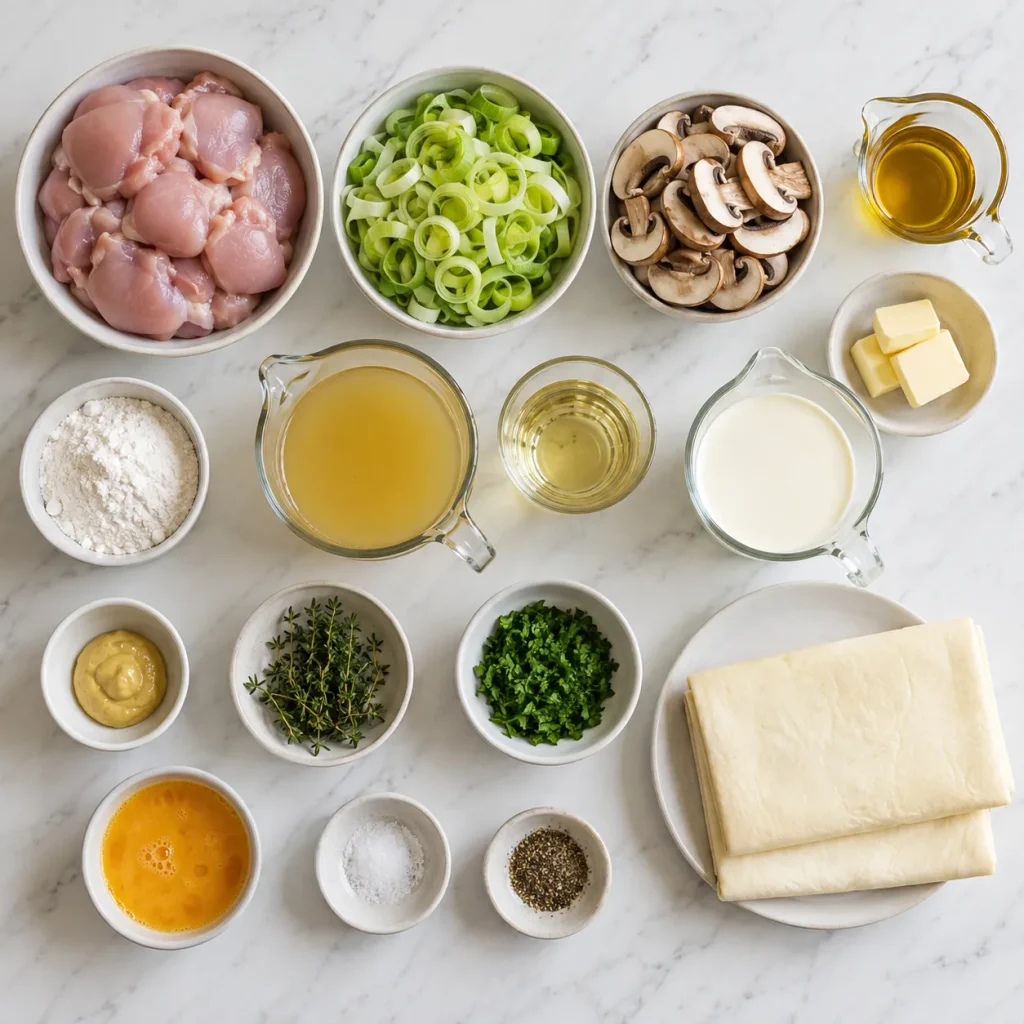 Ingredients for Mary Berry Chicken Leek and Mushroom Pie arranged in bowls, including chicken, leeks, mushrooms, puff pastry, herbs and sauce ingredients