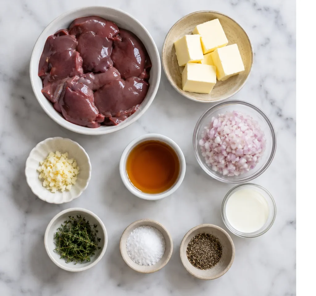 Ingredients for Mary Berry Chicken Liver Pate arranged in a flat lay