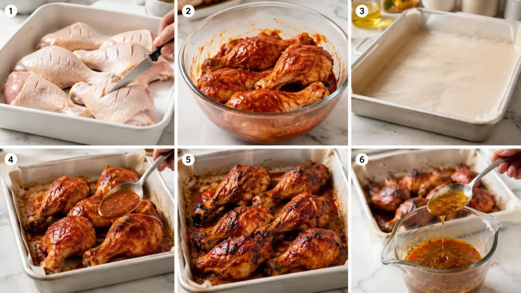 Step-by-step preparation of Mary Berry Chicken Marinade, from scoring and coating chicken to roasting and collecting cooking juices