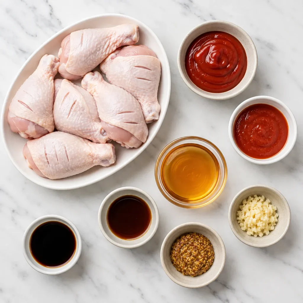 Ingredients for Mary Berry Chicken Marinade arranged with raw chicken legs, ketchup, tomato purée, mustard, honey, garlic and dark sauce