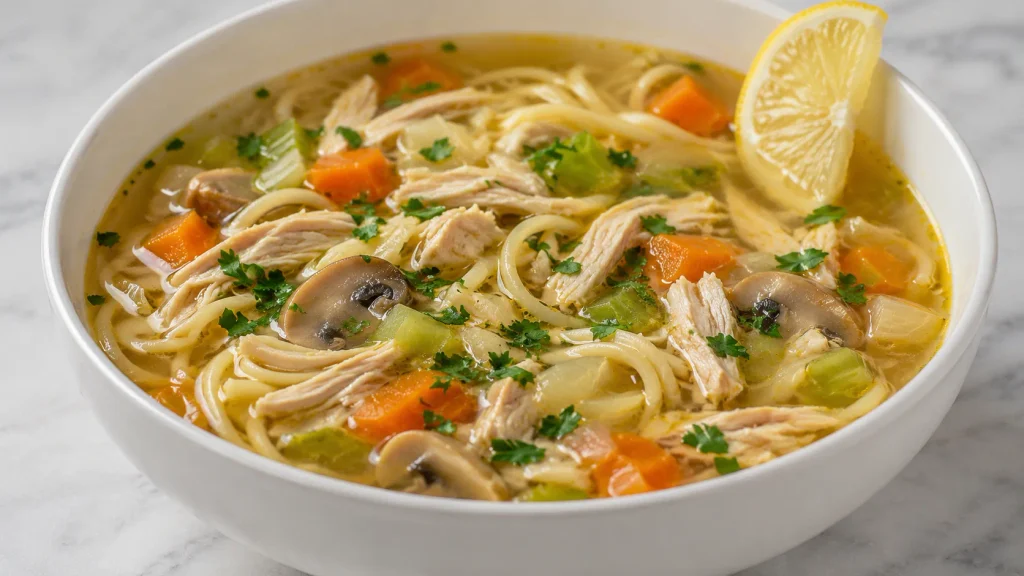 Mary Berry chicken noodle soup with tender chicken, noodles, vegetables and fresh parsley