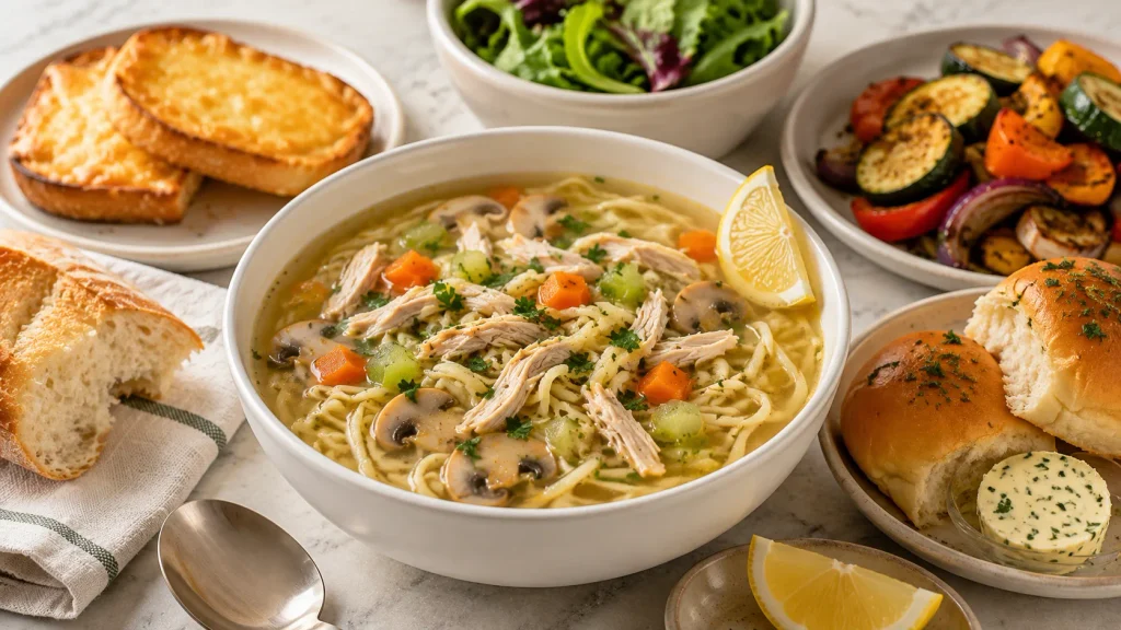 Mary Berry chicken noodle soup served hot with parsley and a lemon wedge