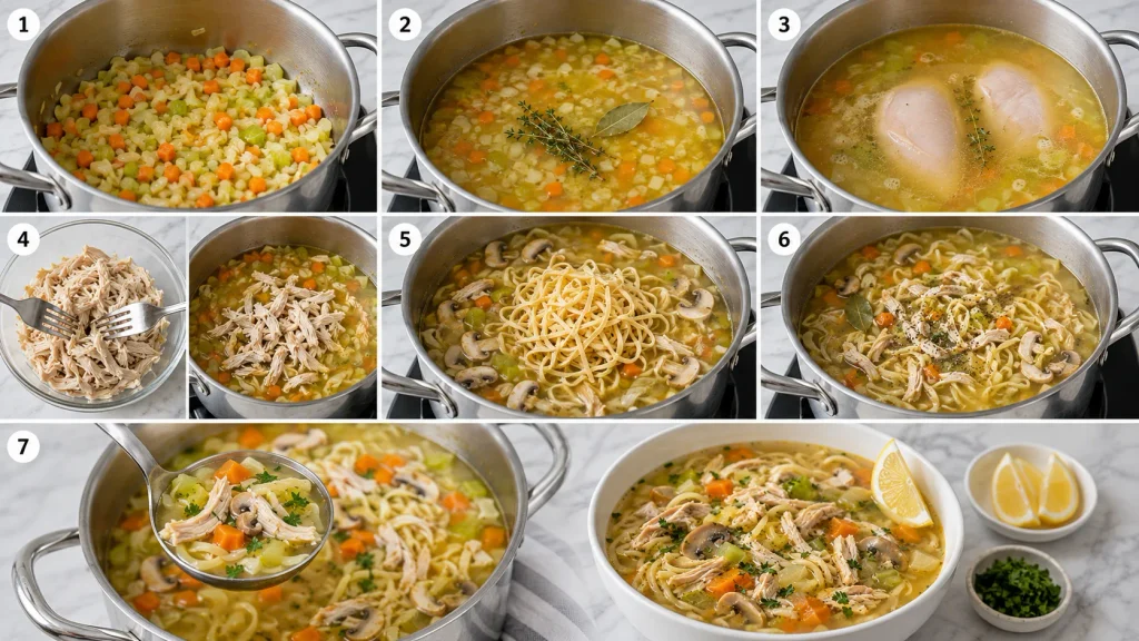 Step-by-step preparation of Mary Berry chicken noodle soup with vegetables, chicken, broth and noodles