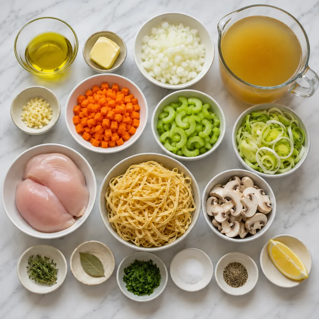 Ingredients for Mary Berry chicken noodle soup including chicken, egg noodles, vegetables, herbs and chicken stock