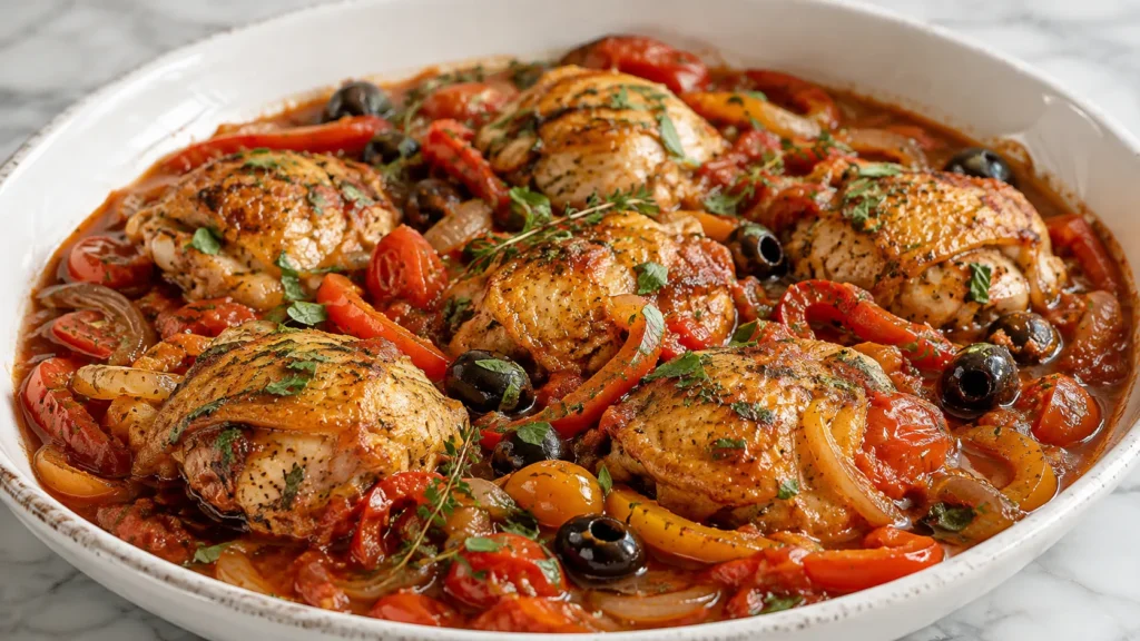 Mary Berry Chicken Provençal with golden-browned chicken thighs, tomato sauce, peppers, cherry tomatoes, onions, black olives and fresh herbs
