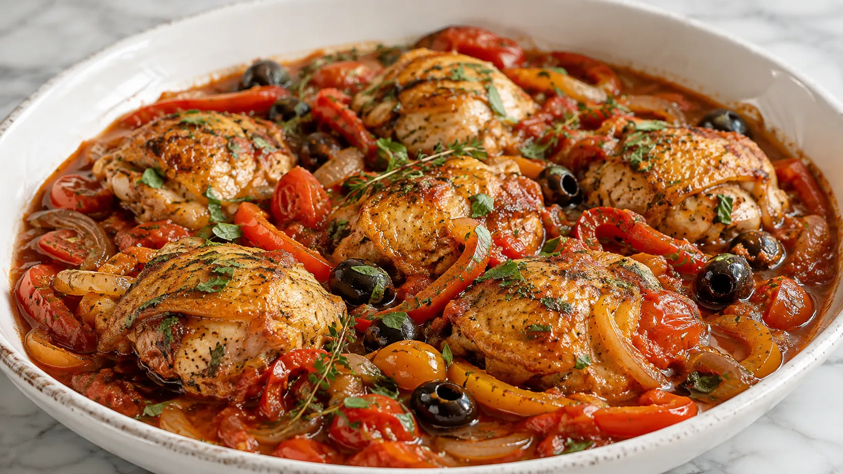 Mary Berry Chicken Provençal with golden-browned chicken thighs, tomato sauce, peppers, cherry tomatoes, onions, black olives and fresh herbs