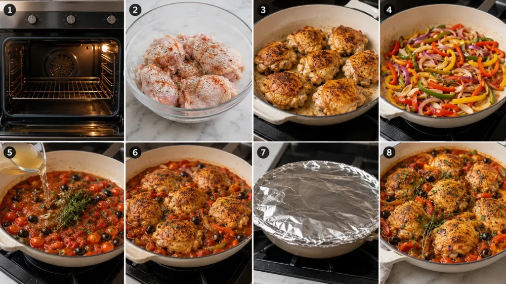 Step-by-step cooking process for Mary Berry Chicken Provençal, from seasoning and browning chicken to making the tomato sauce, baking and garnishing