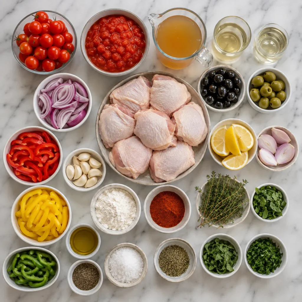 Ingredients for Mary Berry Chicken Provençal including chicken thighs, tomatoes, peppers, onions, garlic, olives, lemon and fresh herbs