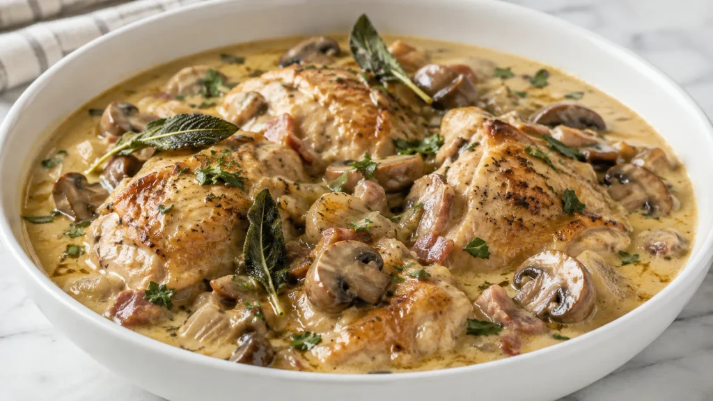 Mary Berry Chicken Stew with golden chicken thighs, chestnut mushrooms, bacon, creamy sauce, parsley and crispy sage leaves