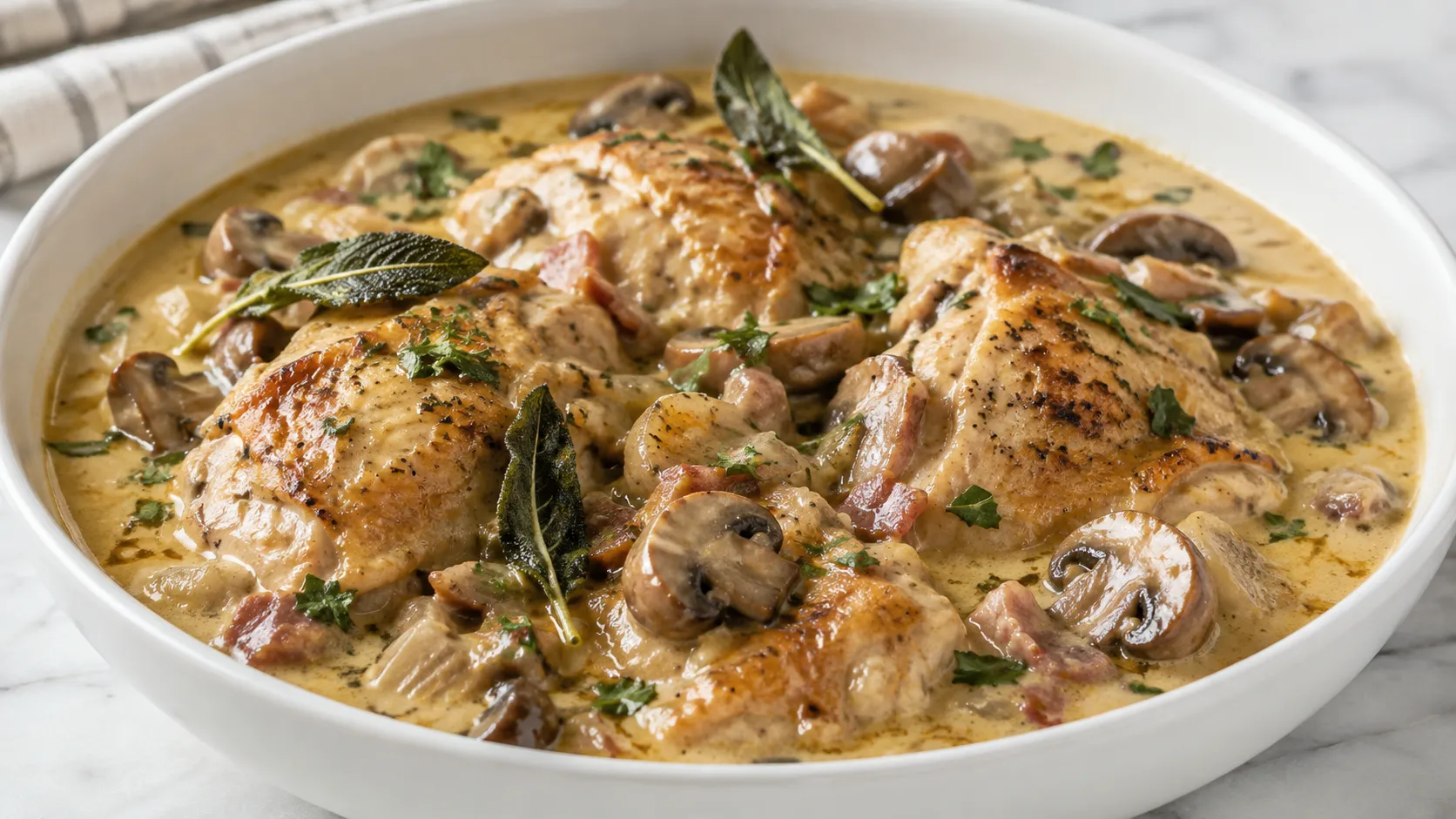 Mary Berry Chicken Stew with golden chicken thighs, chestnut mushrooms, bacon, creamy sauce, parsley and crispy sage leaves