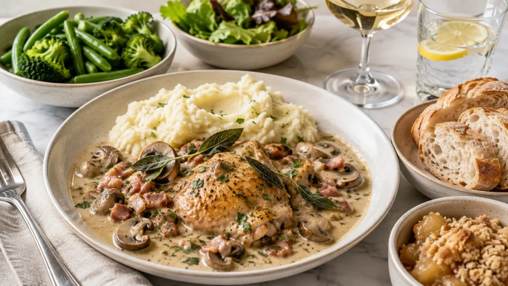 Mary Berry Chicken Stew served with creamy mashed potatoes, green vegetables, crusty bread, parsley and crispy sage
