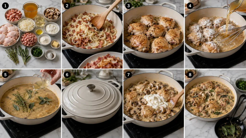 Step-by-step Mary Berry Chicken Stew cooking process showing browned bacon and onions, chicken, creamy sauce, mushrooms and final garnish