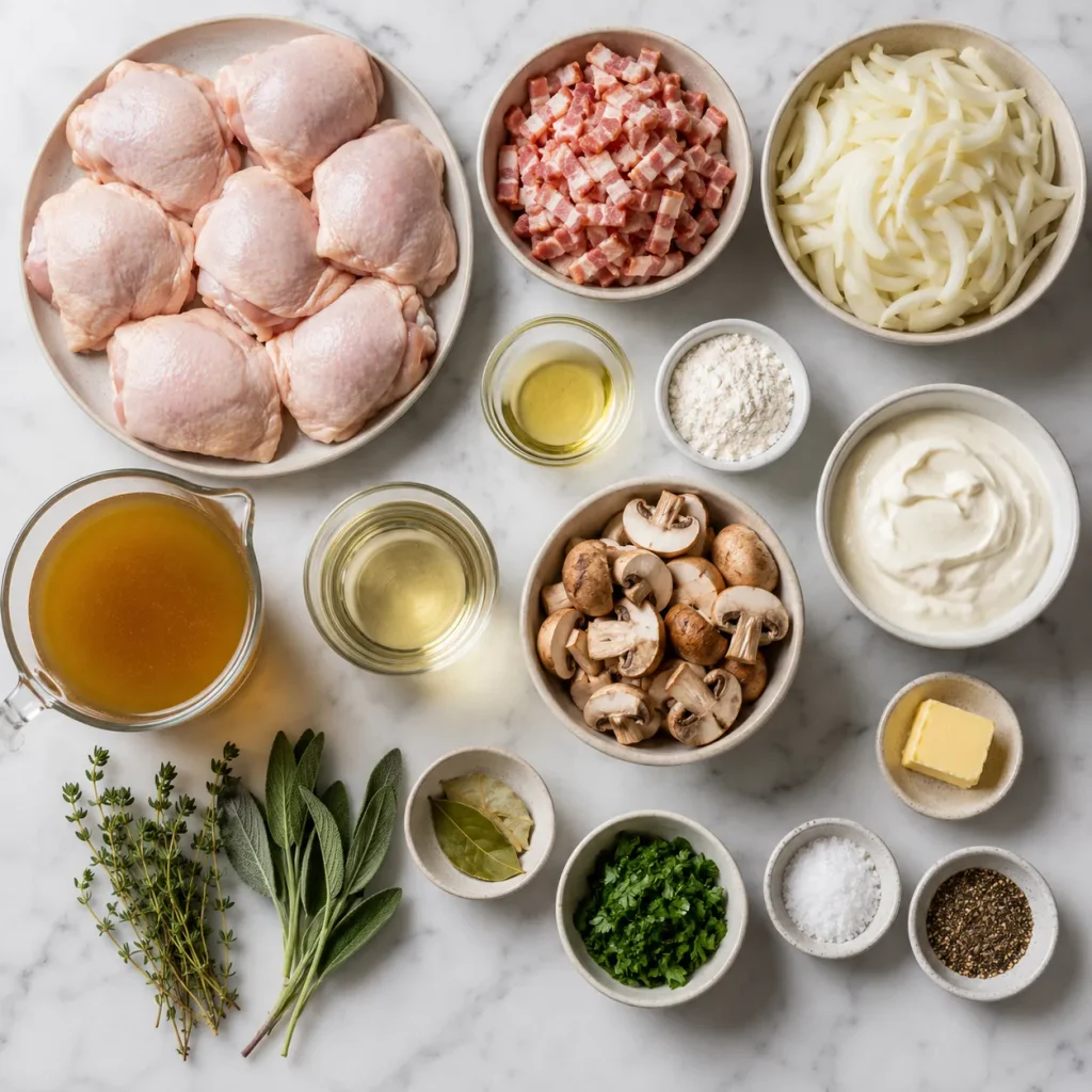 Ingredients for Mary Berry Chicken Stew including bone-in chicken thighs, bacon, onions, mushrooms, herbs, crème fraîche, stock and seasonings