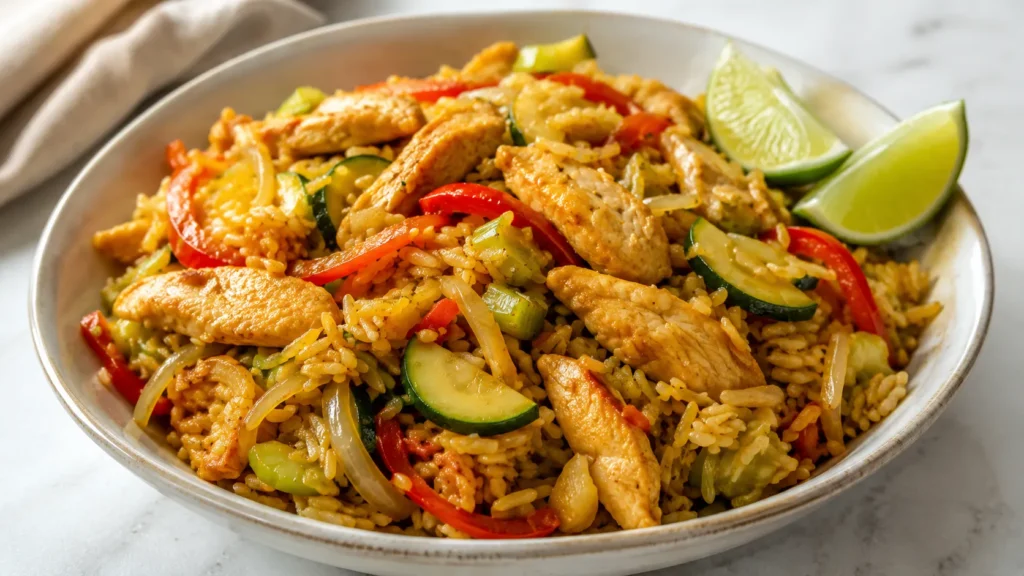 Mary Berry chicken stir fry recipe with golden chicken strips, long-grain rice, red pepper, courgette, onion and celery, served with lime wedges