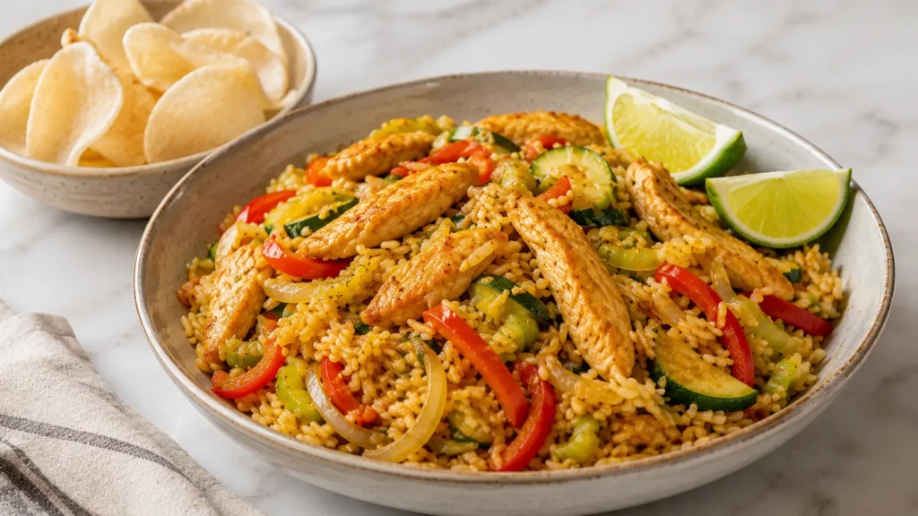 Mary Berry Chicken Stir Fry served in a ceramic bowl with golden chicken, rice, colourful vegetables, lime wedges and prawn crackers