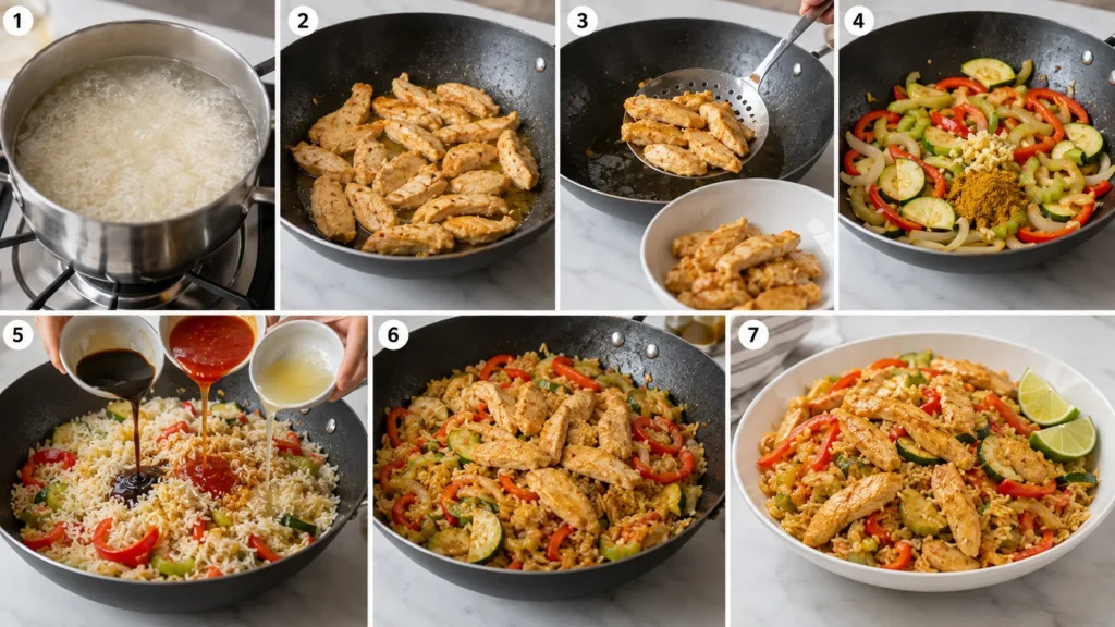 Step-by-step cooking process for Mary Berry Chicken Stir Fry, from cooking rice and browning chicken to adding vegetables, sauces, rice and lime