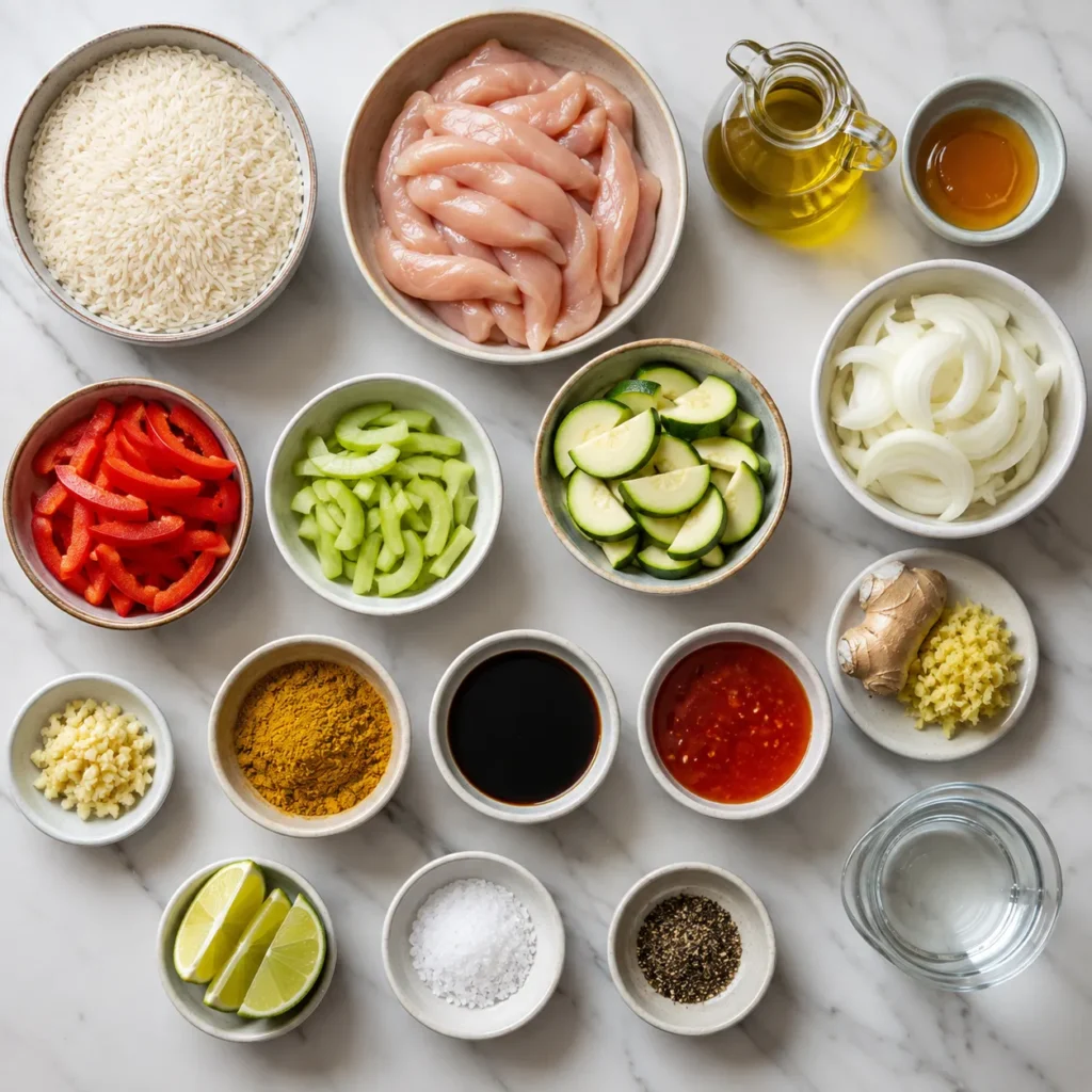 Ingredients for Mary Berry Chicken Stir Fry including chicken strips, long-grain rice, vegetables, ginger, garlic, curry powder, sauces, honey and lime