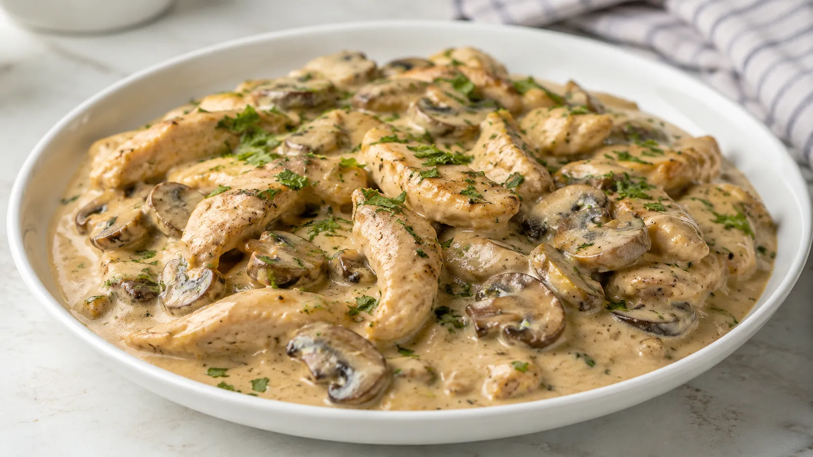 Mary Berry Chicken Stroganoff with creamy sauce and chicken strips