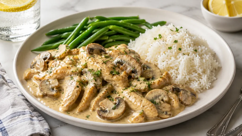 Mary Berry Chicken Stroganoff served with rice, pasta, or mashed potatoes and parsley