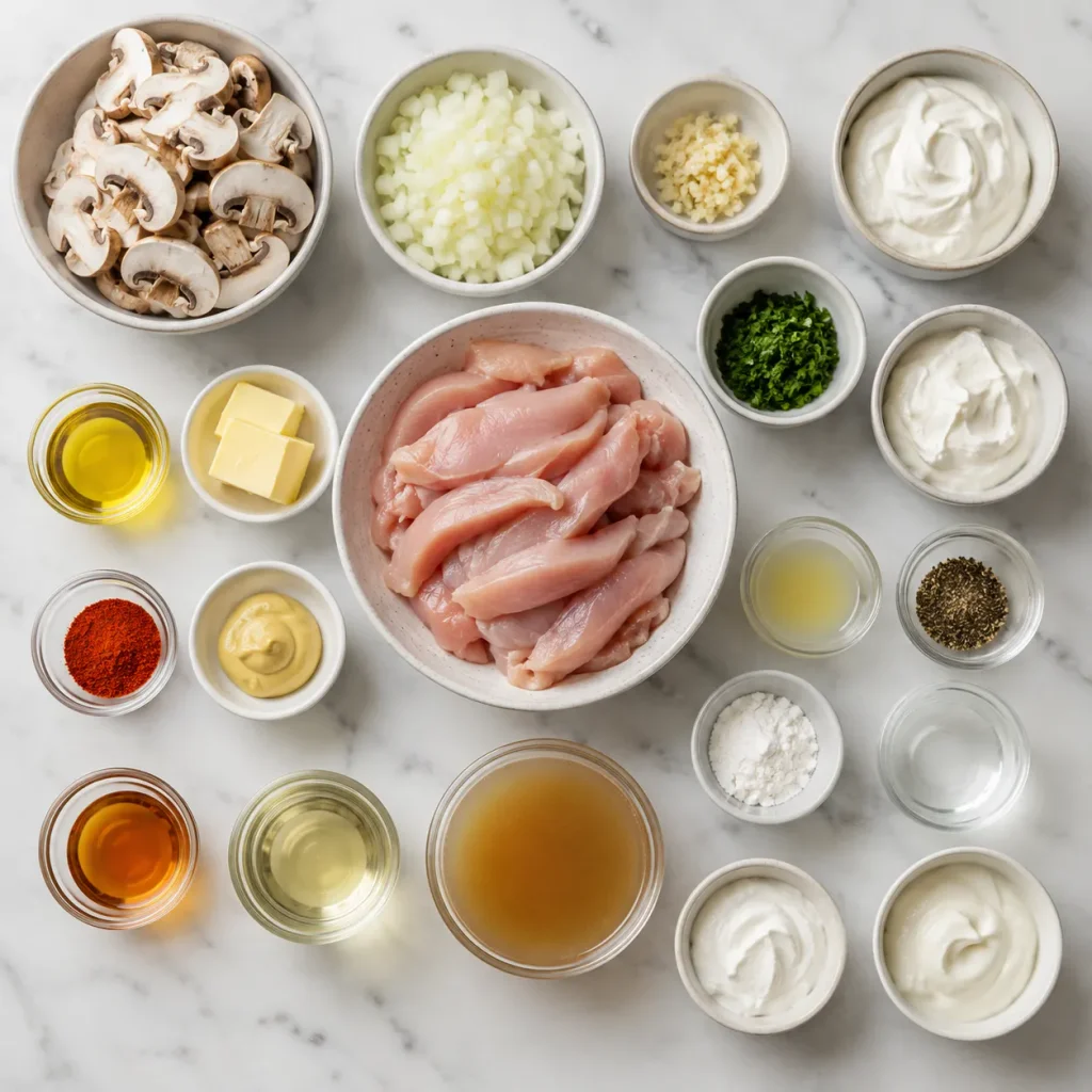 Ingredients for Mary Berry Chicken Stroganoff arranged for cooking