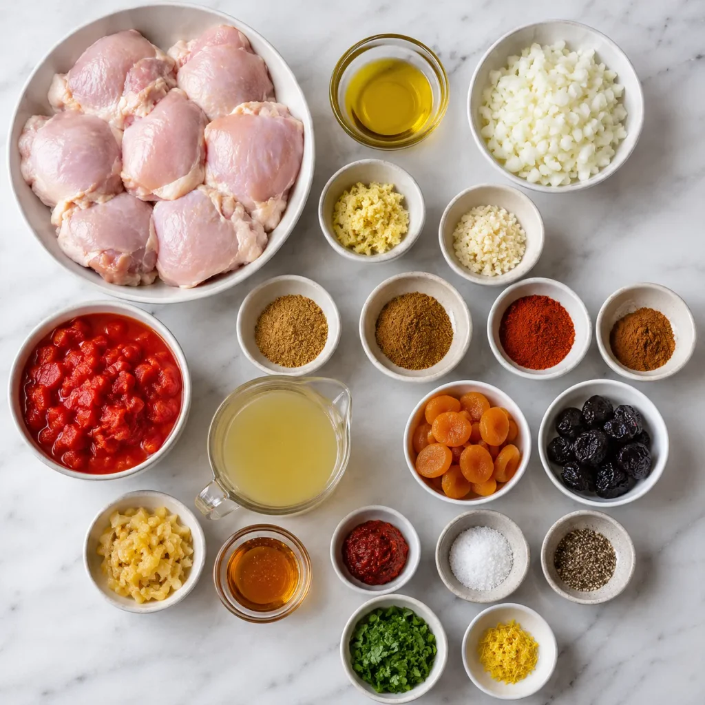 Ingredients for Mary Berry Chicken Tagine arranged for preparation