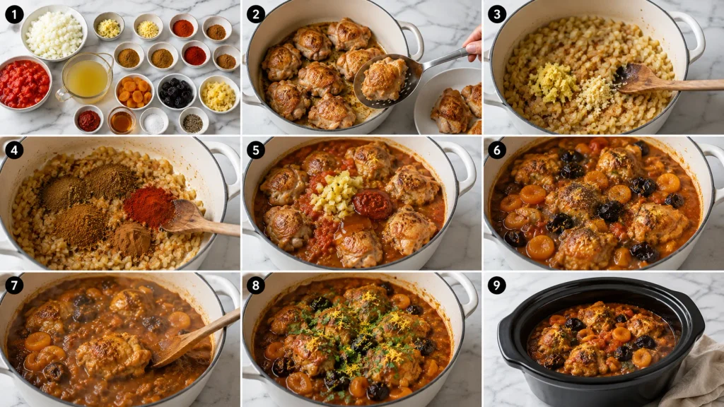 Mary Berry Chicken Tagine cooking process shown in step-by-step panels